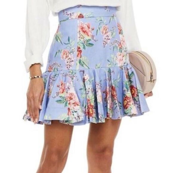 Zimmermann Blue Bellitude Flip Linen Floral Fluted Spring Peplum Mini Skirt - Picture 1 of 16